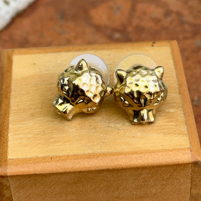 Estate Gold-Tone Hammered Panther Head Stud Earrings