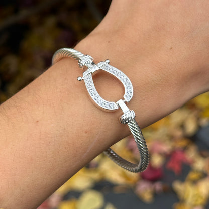 Silver Round Cubic Zirconia Horseshoe Twisted Bangle Bracelet