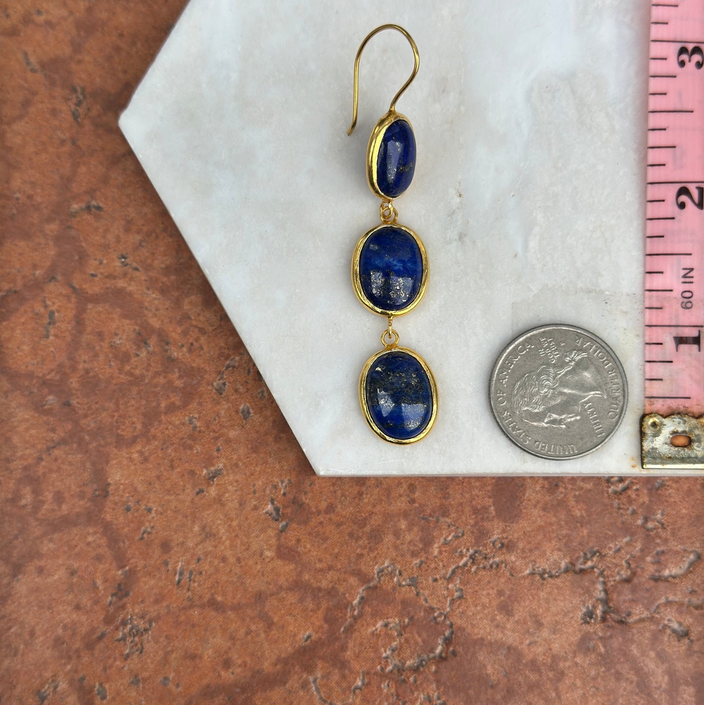 Yellow Gold-Plated Oval Cabochon Lapis Dangle Drop Wire Earrings