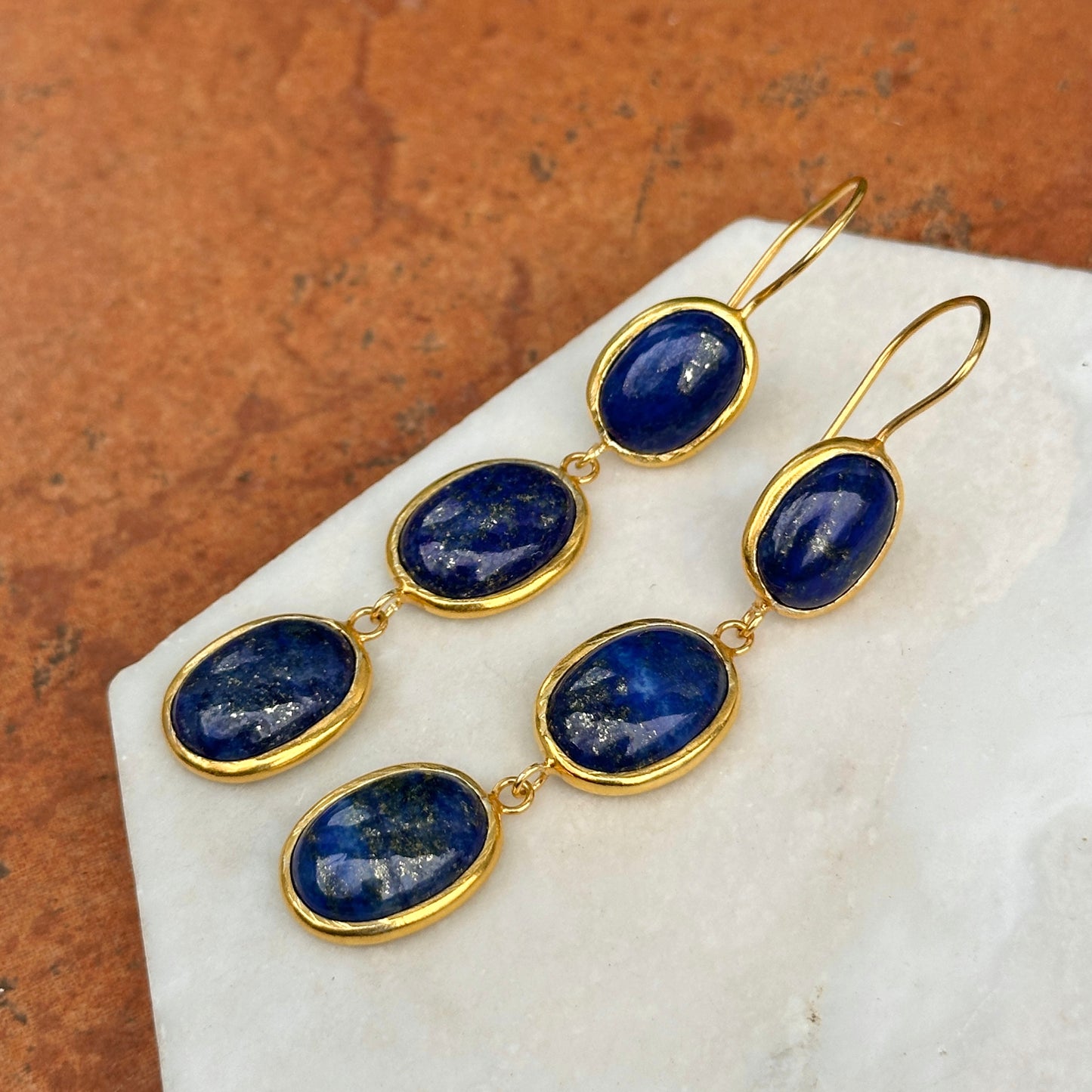 Yellow Gold-Plated Oval Cabochon Lapis Dangle Drop Wire Earrings