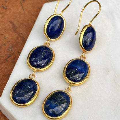 Yellow Gold-Plated Oval Cabochon Lapis Dangle Drop Wire Earrings