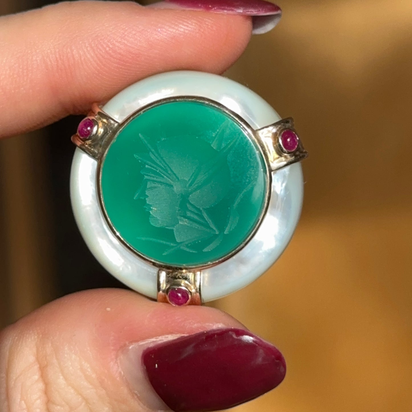 Estate 14KT Yellow Gold Intaglio Mother of Pearl, Green Onyx Pendant Slide