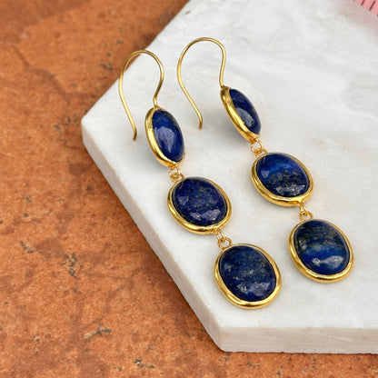 Yellow Gold-Plated Oval Cabochon Lapis Dangle Drop Wire Earrings
