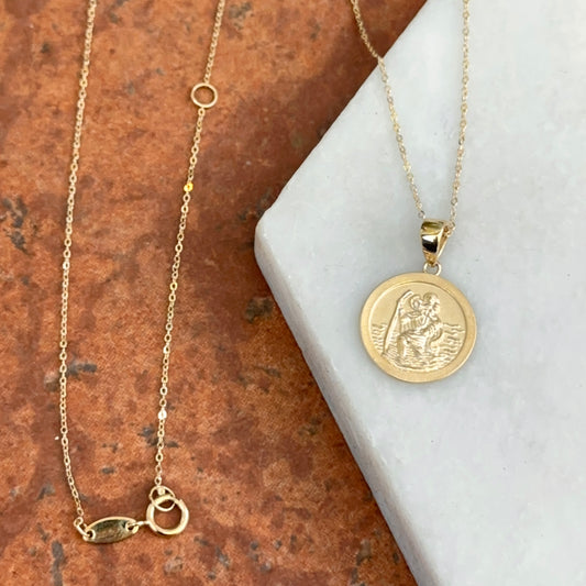 14KT Yellow Gold St Christopher 14mm Medal Necklace