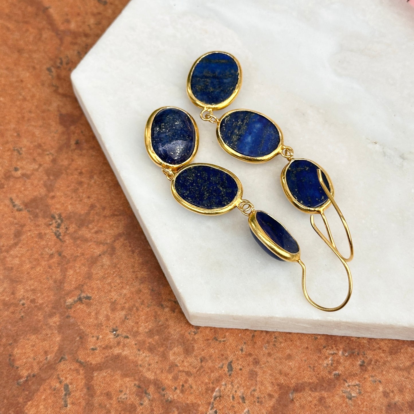 Yellow Gold-Plated Oval Cabochon Lapis Dangle Drop Wire Earrings