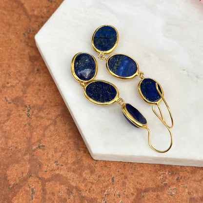 Yellow Gold-Plated Oval Cabochon Lapis Dangle Drop Wire Earrings
