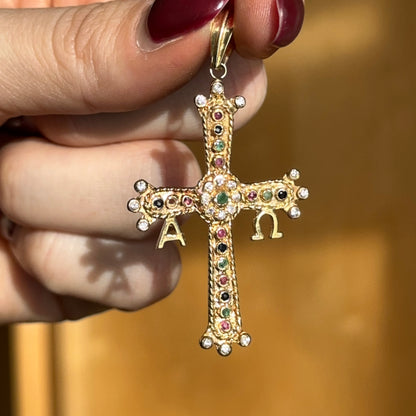 Estate 18KT Yellow Gold Alpha Omega Gemstone Cross Pendant