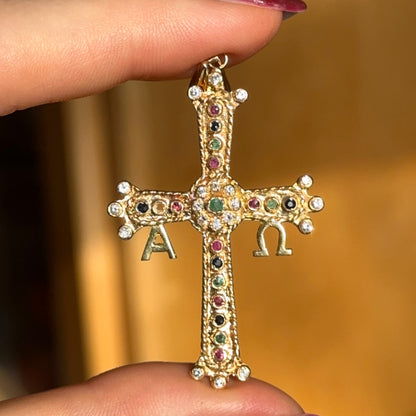 Estate 18KT Yellow Gold Alpha Omega Gemstone Cross Pendant