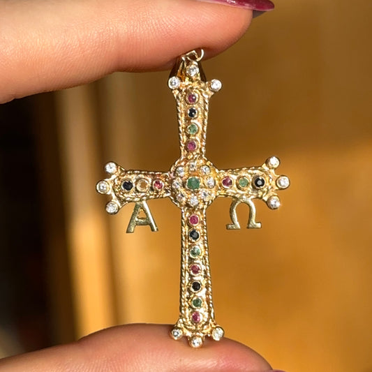 Estate 18KT Yellow Gold Alpha Omega Gemstone Cross Pendant