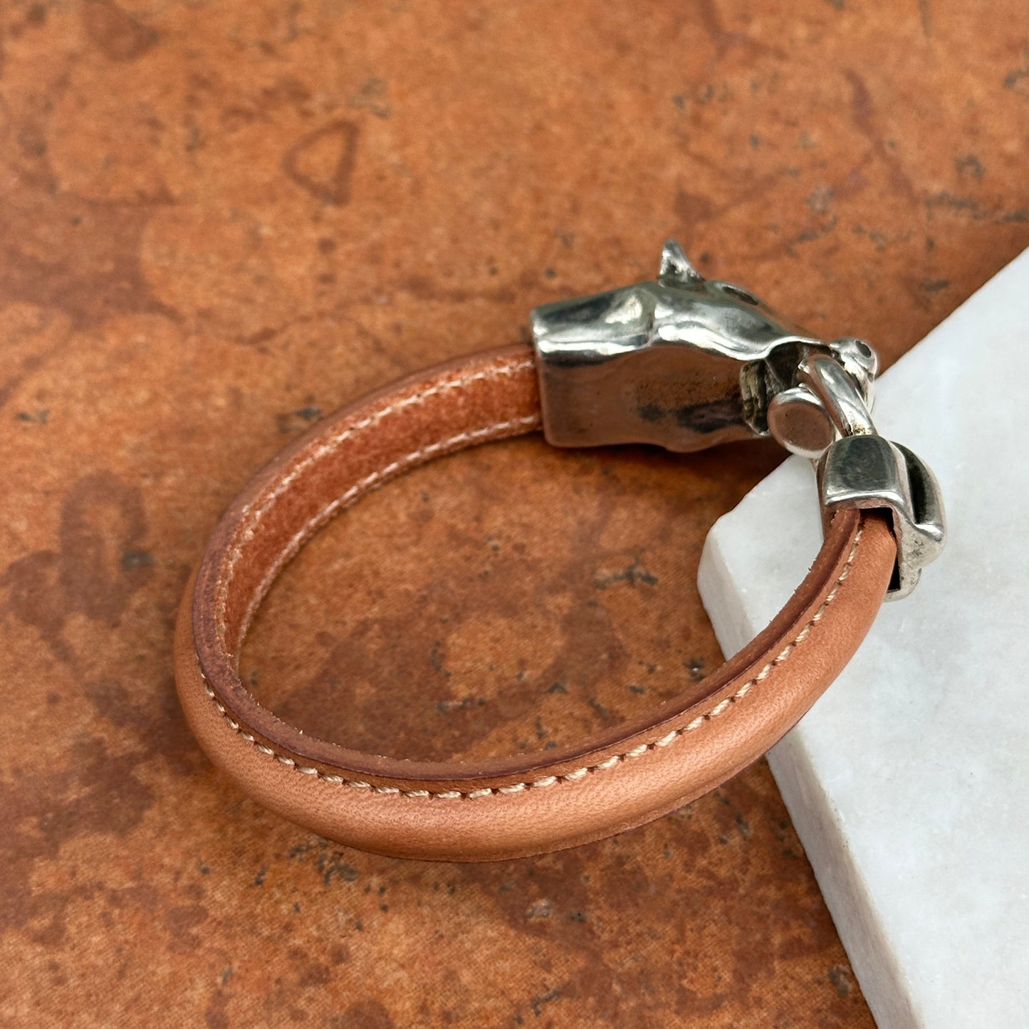 Silver Horse Head and Bit Brown Leather Bracelet 8''