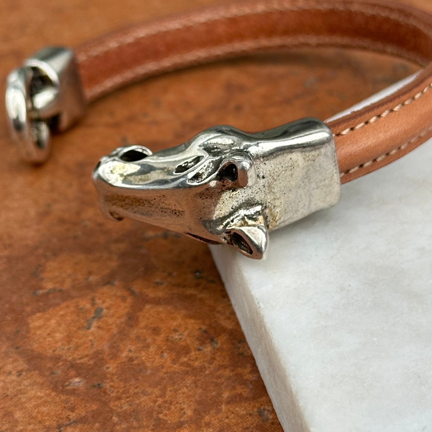 Silver Horse Head and Bit Brown Leather Bracelet 8''