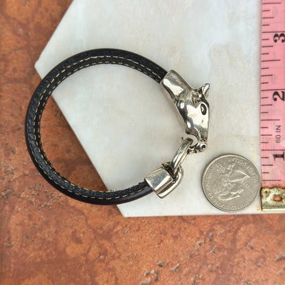 Silver Horse Head and Bit Black Leather Bracelet 8''