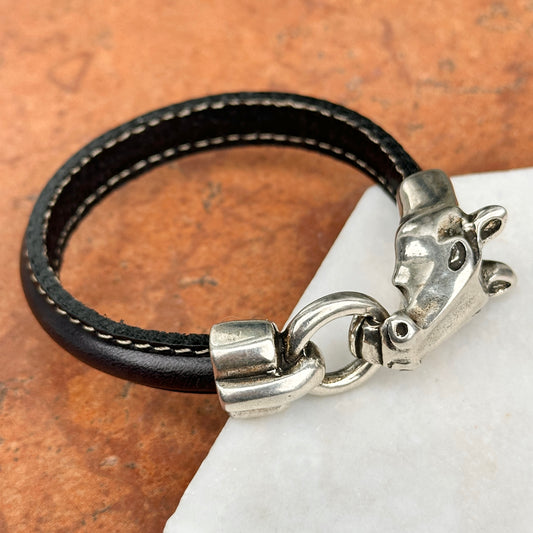 Silver Horse Head and Bit Black Leather Bracelet 8''
