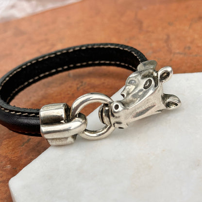 Silver Horse Head and Bit Black Leather Bracelet 8''