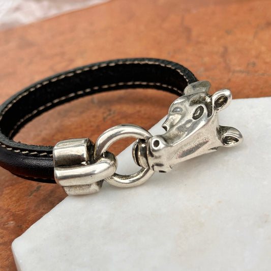 Silver Horse Head and Bit Black Leather Bracelet 8''