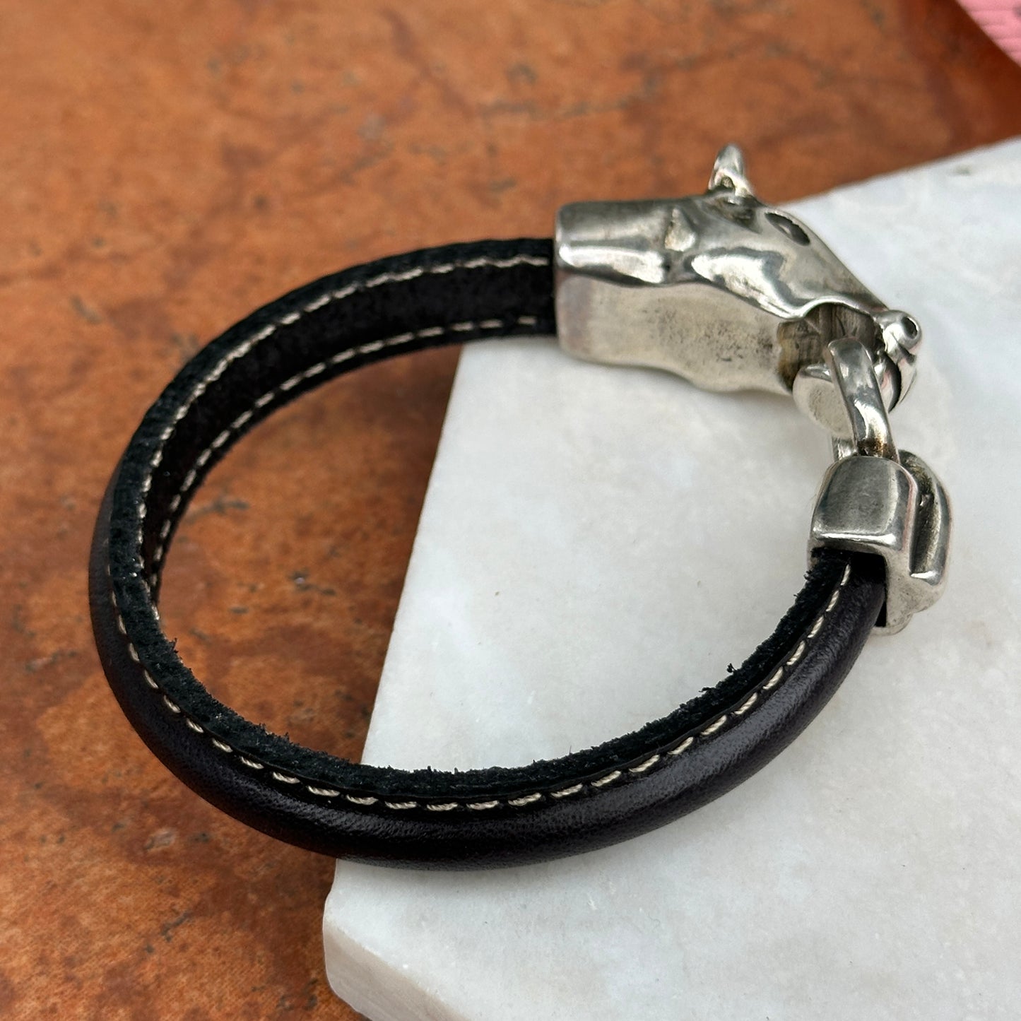 Silver Horse Head and Bit Black Leather Bracelet 8''