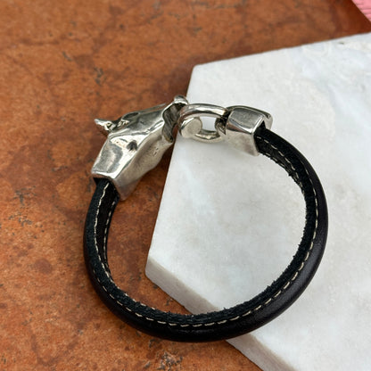 Silver Horse Head and Bit Black Leather Bracelet 8''