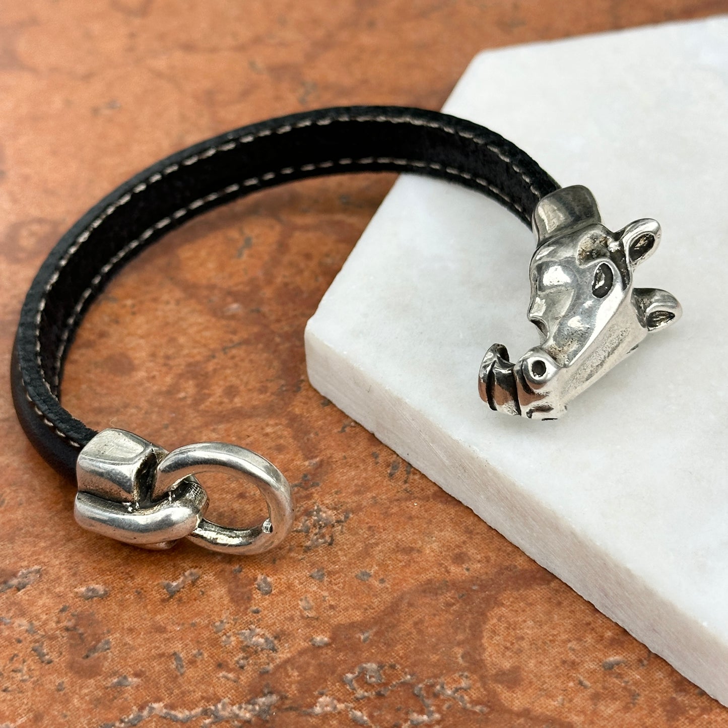 Silver Horse Head and Bit Black Leather Bracelet 8''