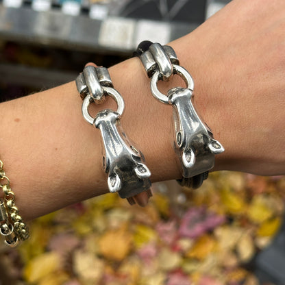 Silver Horse Head and Bit Black Leather Bracelet 8''