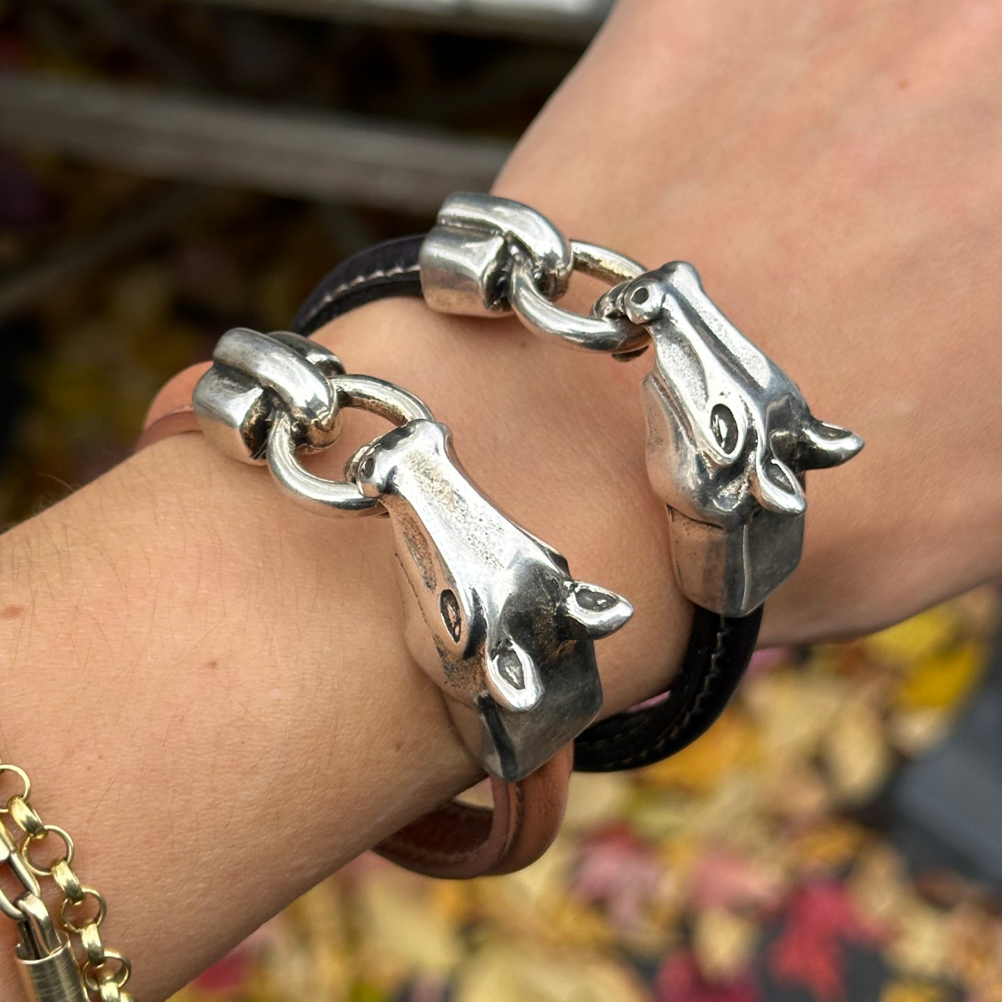 Silver Horse Head and Bit Brown Leather Bracelet 8''
