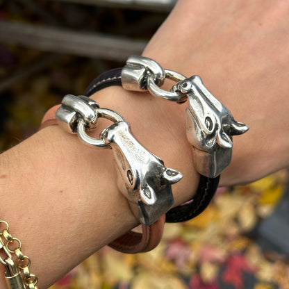 Silver Horse Head and Bit Brown Leather Bracelet 8''