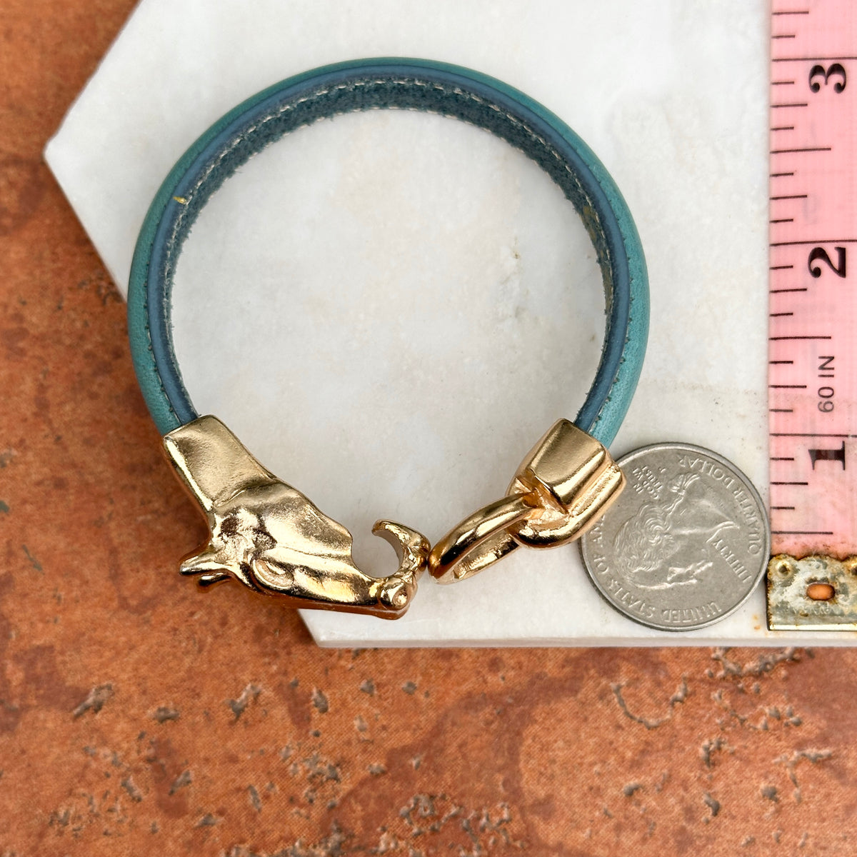 Yellow Gold-Plated Horse Head and Bit Blue Leather Bracelet 8''