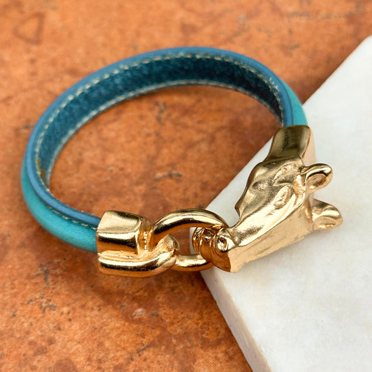 Yellow Gold-Plated Horse Head and Bit Blue Leather Bracelet 8''