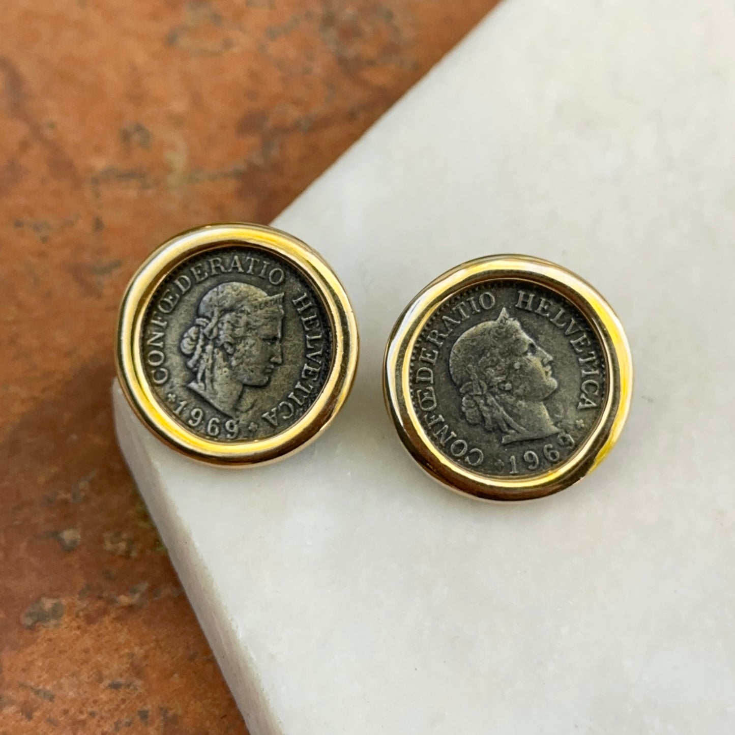 Estate Gold-Tone Bezel Faux Coin Stud Earrings