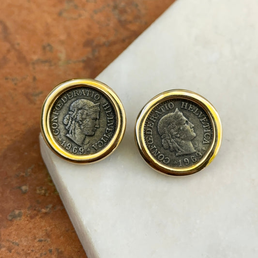 Estate Gold-Tone Bezel Faux Coin Stud Earrings