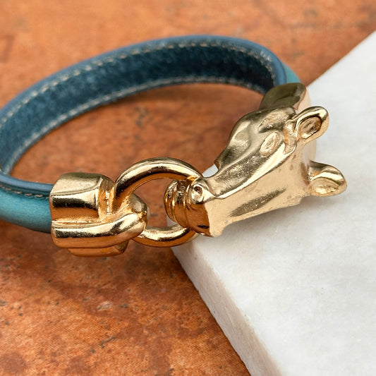 Yellow Gold-Plated Horse Head and Bit Blue Leather Bracelet 8''