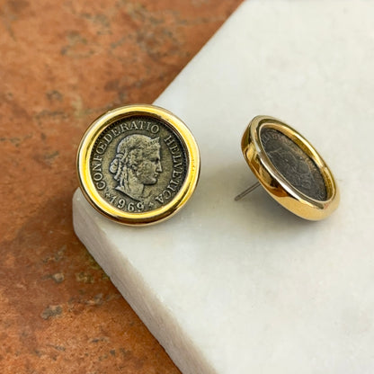 Estate Gold-Tone Bezel Faux Coin Stud Earrings