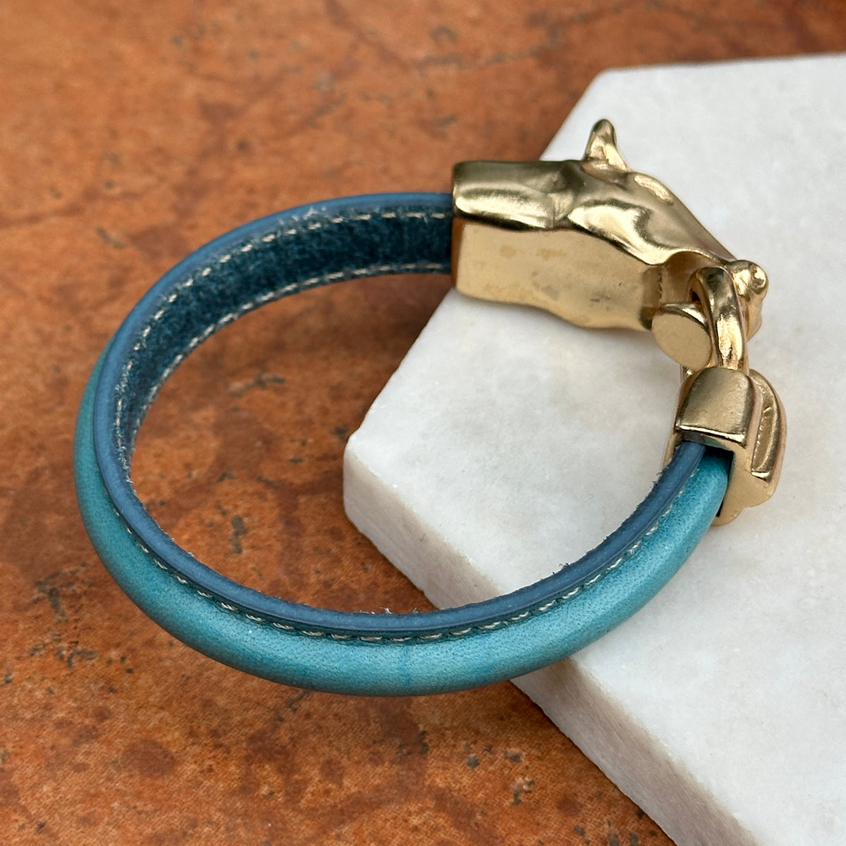 Yellow Gold-Plated Horse Head and Bit Blue Leather Bracelet 8''