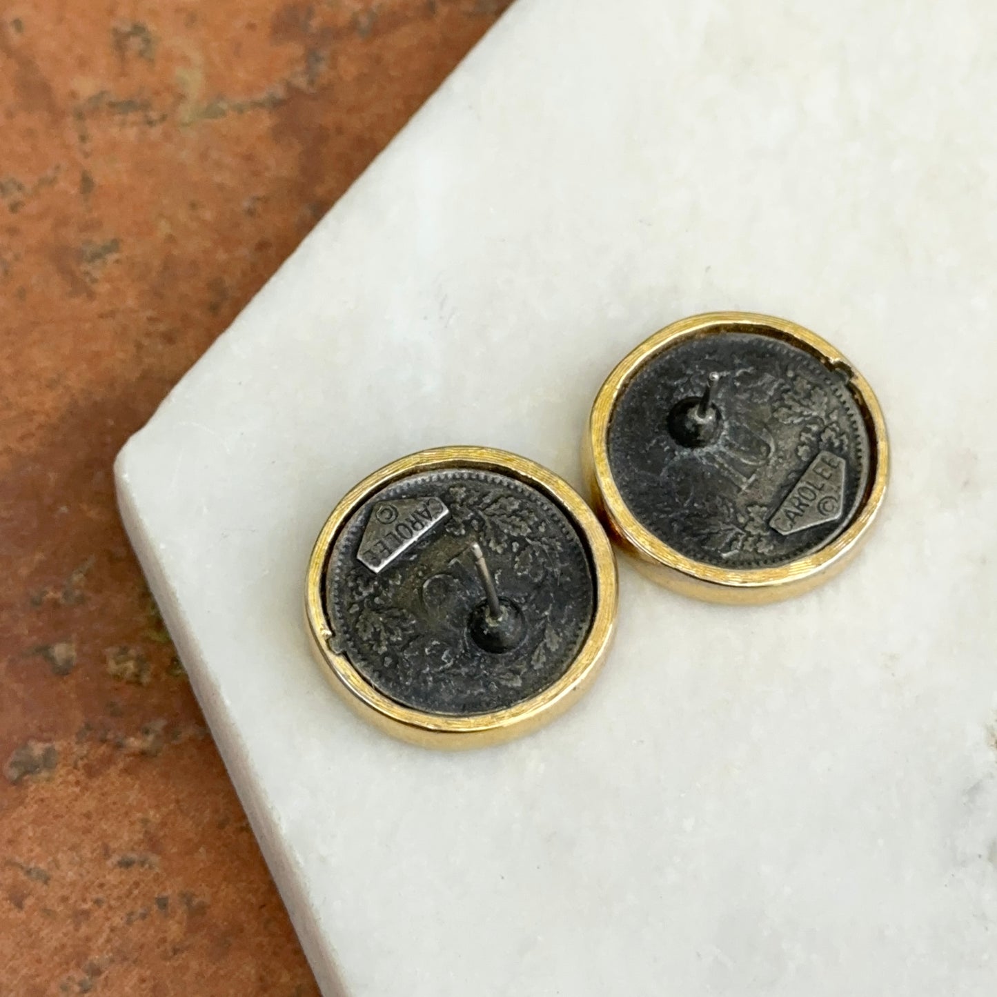 Estate Gold-Tone Bezel Faux Coin Stud Earrings