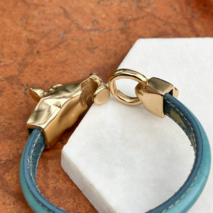 Yellow Gold-Plated Horse Head and Bit Blue Leather Bracelet 8''