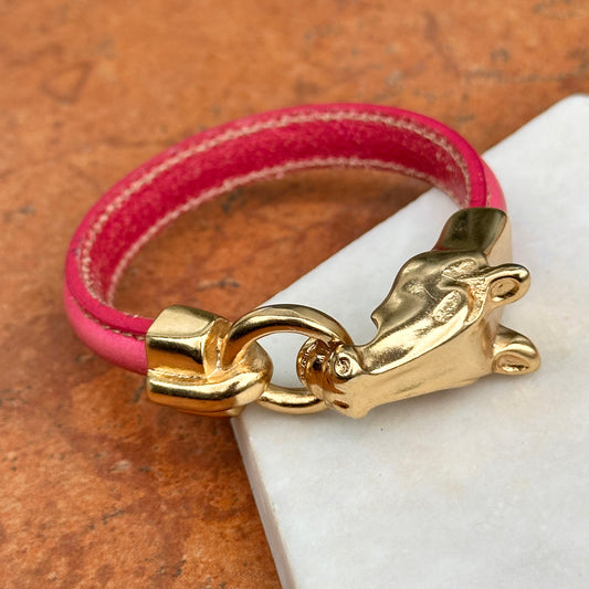 Yellow Gold-Plated Horse Head and Bit Pink Leather Bracelet 7''