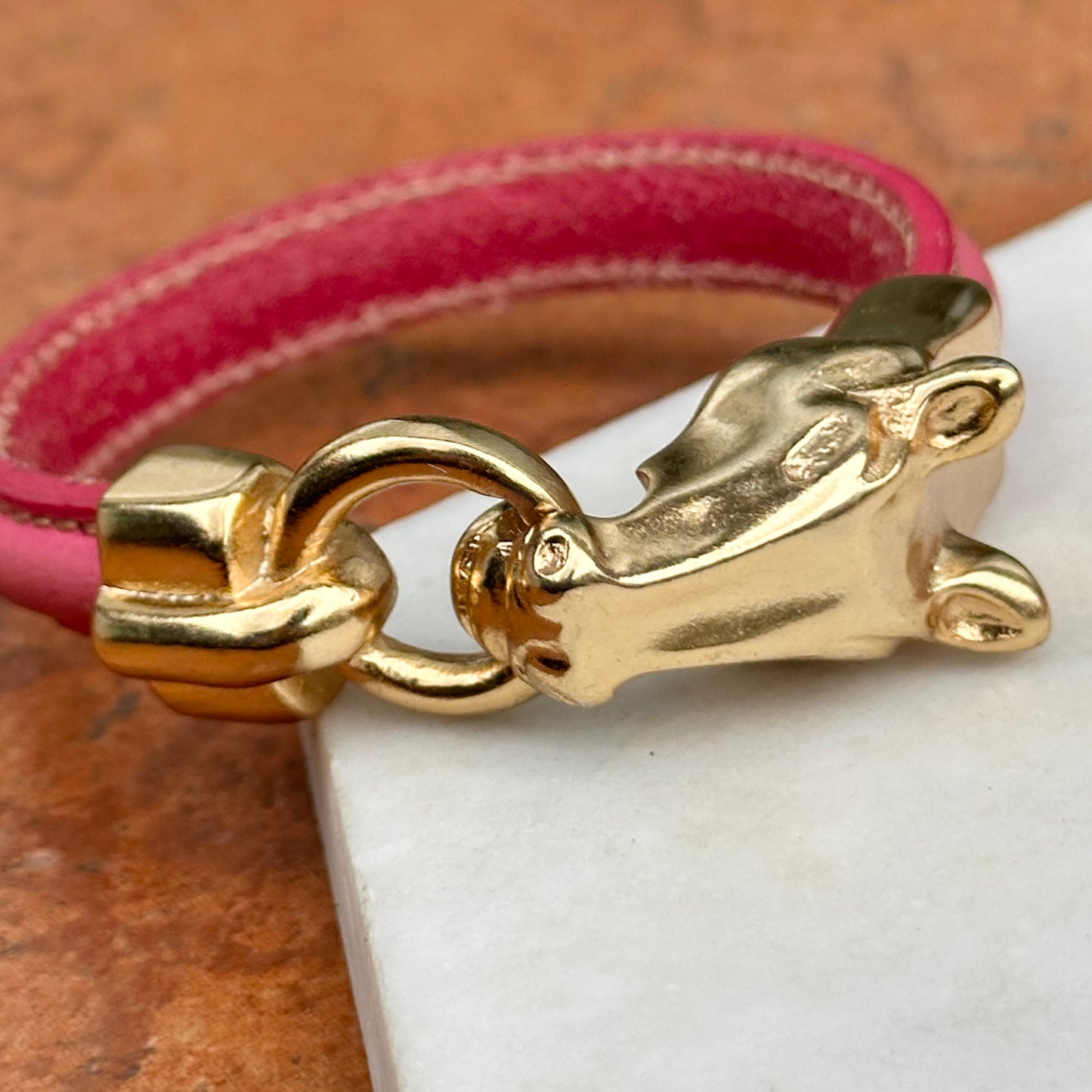 Yellow Gold-Plated Horse Head and Bit Pink Leather Bracelet 7''
