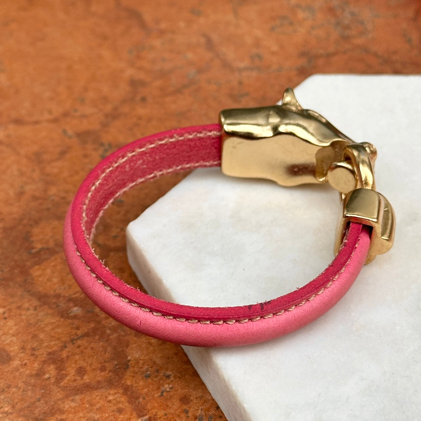 Yellow Gold-Plated Horse Head and Bit Pink Leather Bracelet 7''