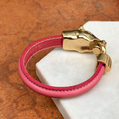Yellow Gold-Plated Horse Head and Bit Pink Leather Bracelet 7''