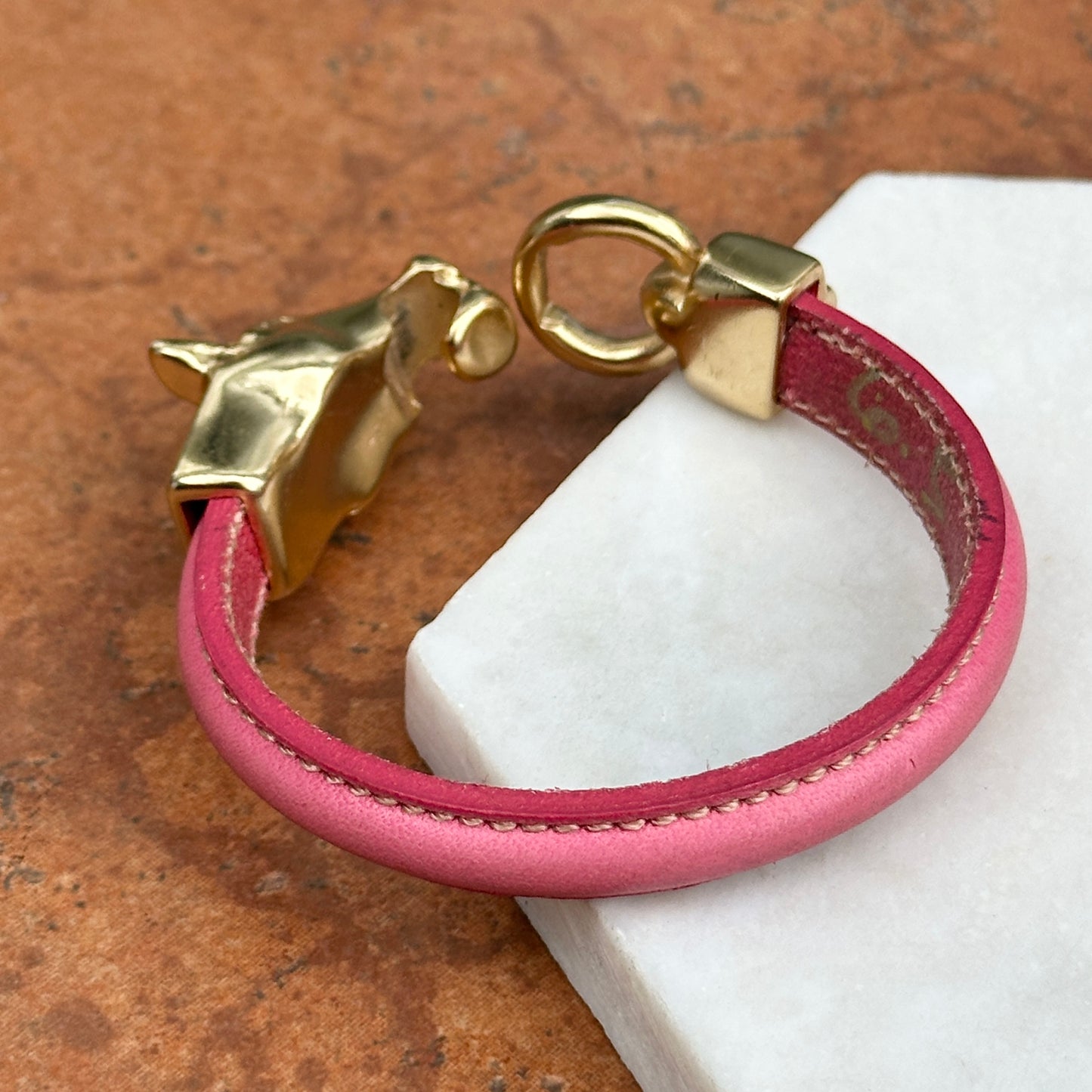 Yellow Gold-Plated Horse Head and Bit Pink Leather Bracelet 7''