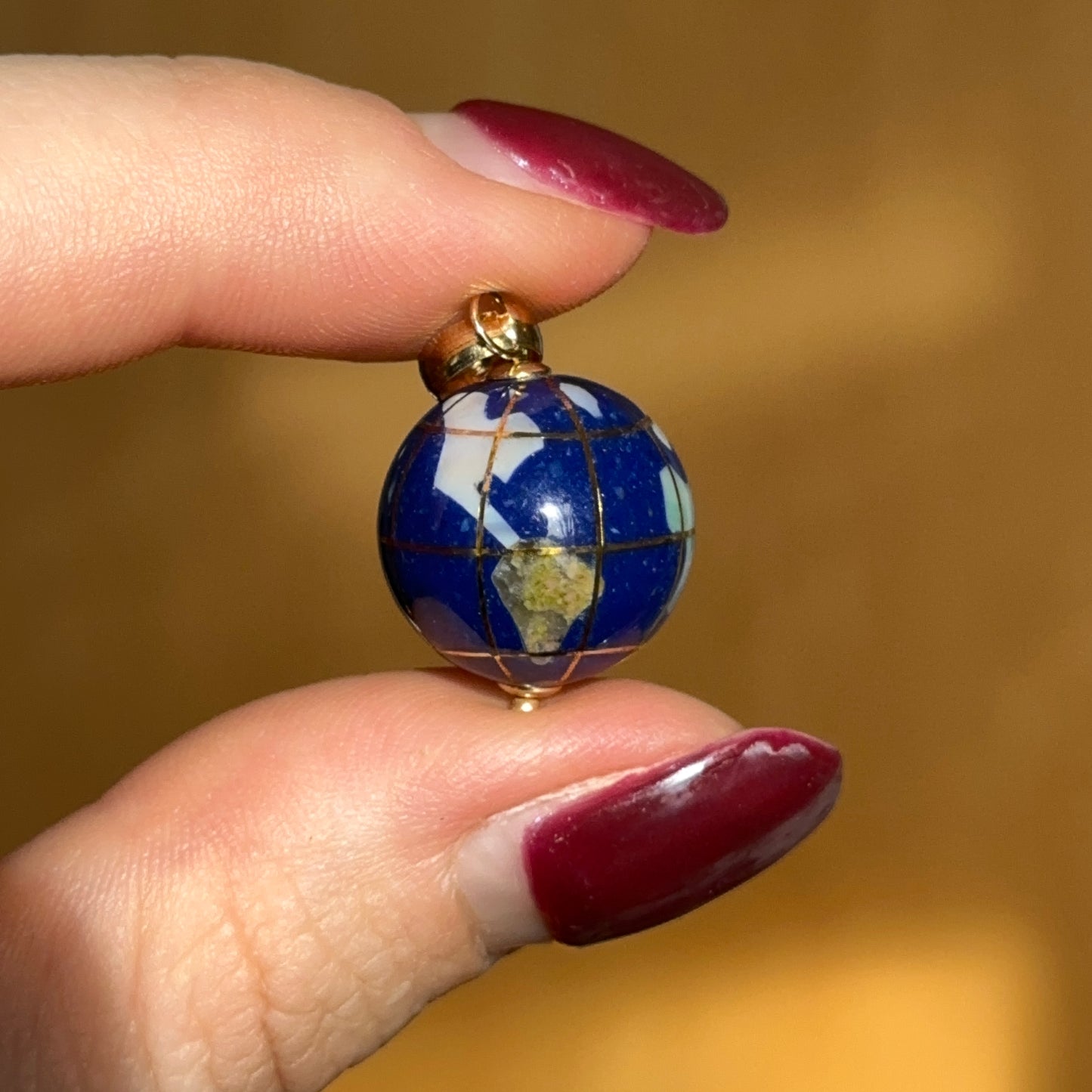 Estate 14KT Yellow Gold Lapis + Pearl 3D Globe Pendant