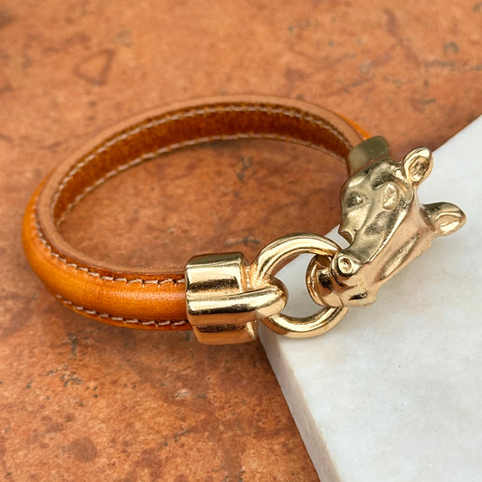 Yellow Gold-Plated Horse Head and Bit Tan Leather Bracelet 8''