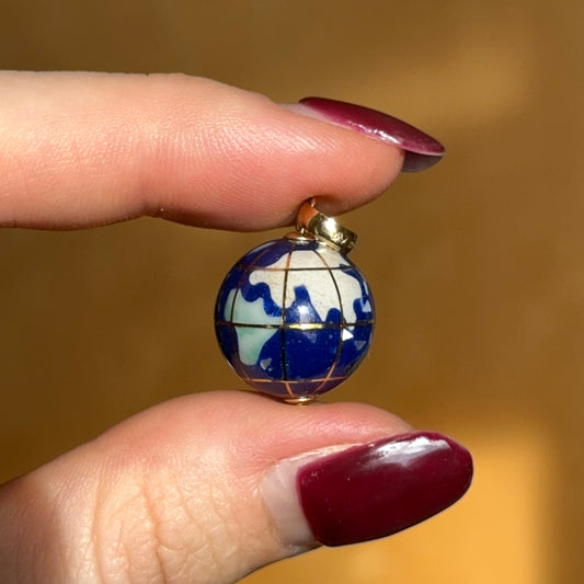 Estate 14KT Yellow Gold Lapis + Pearl 3D Globe Pendant