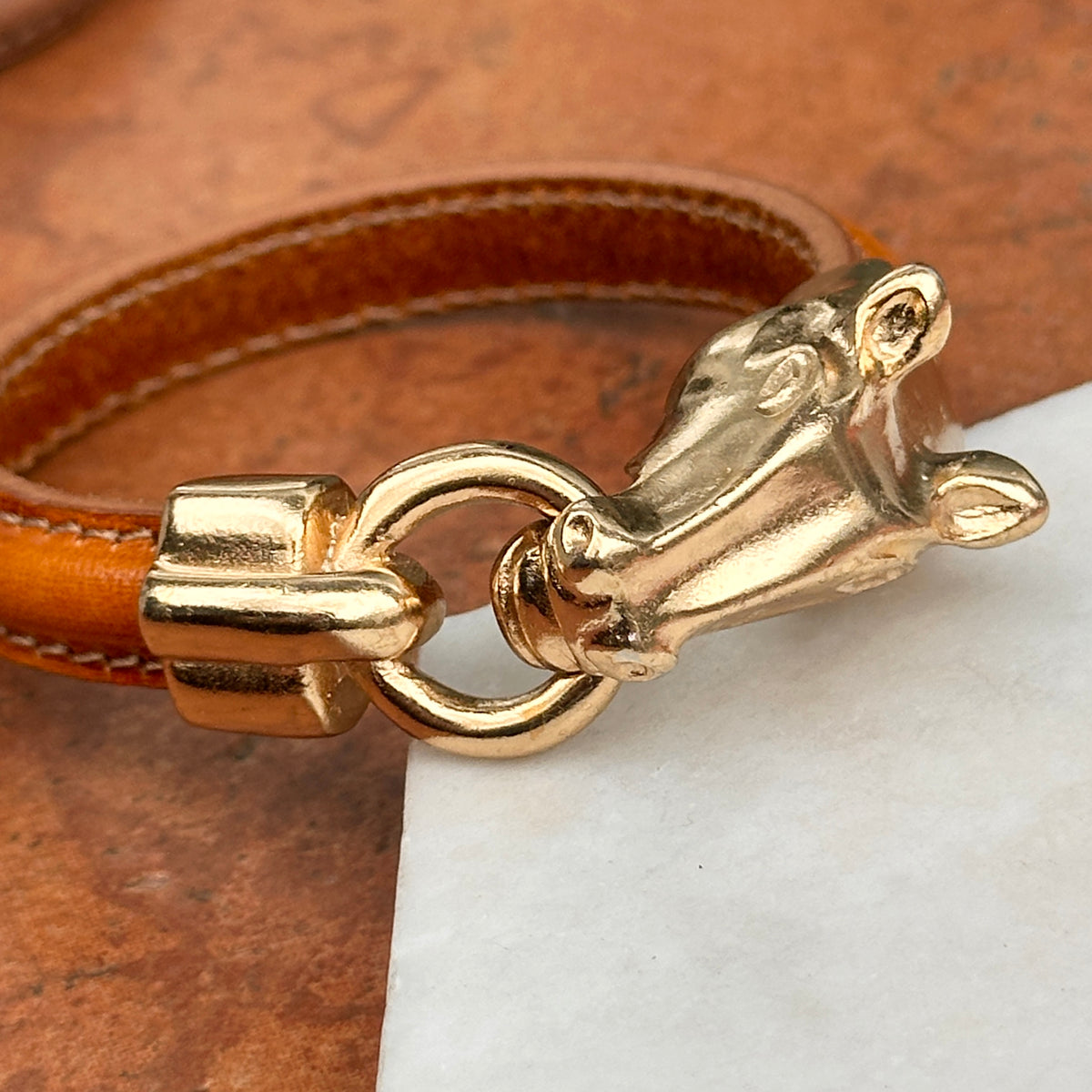 Gold-Plated Horse Head and Bit Tan Leather Bracelet 7.5''