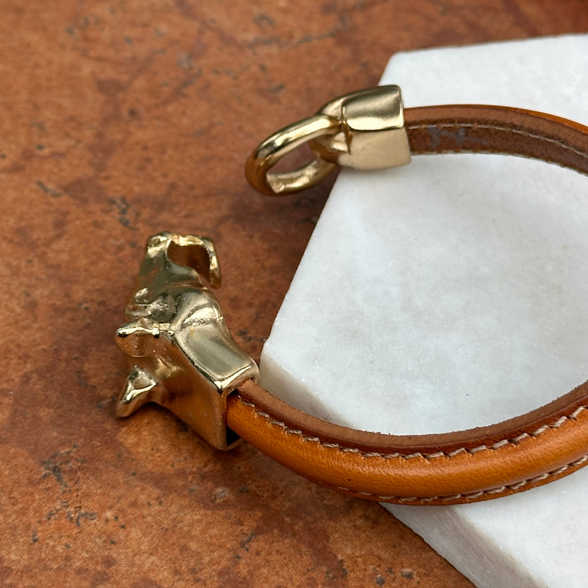 Gold-Plated Horse Head and Bit Tan Leather Bracelet 7.5''
