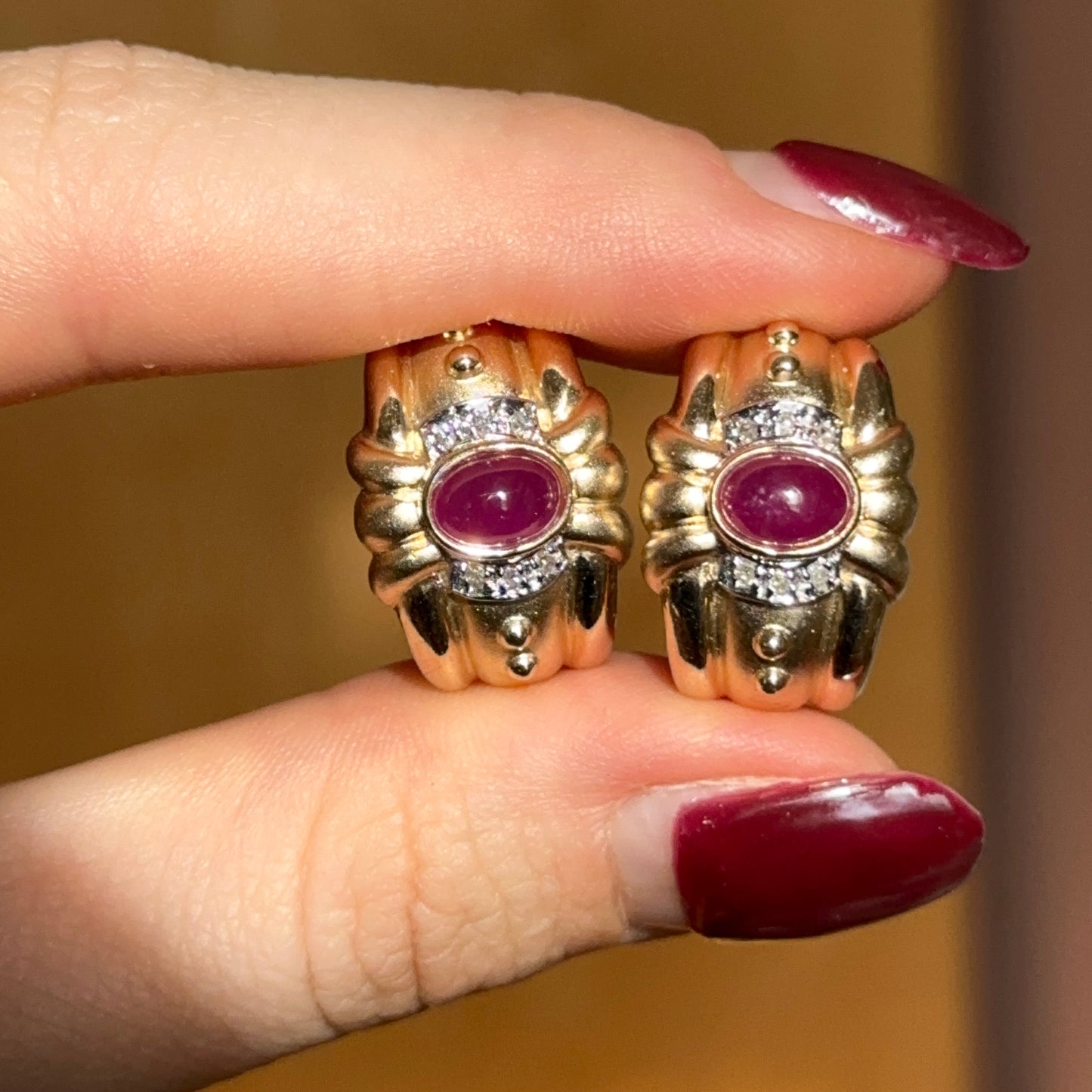 Estate 14KT Yellow Gold Etruscan Ruby + Diamond Matte Omega Back Earrings