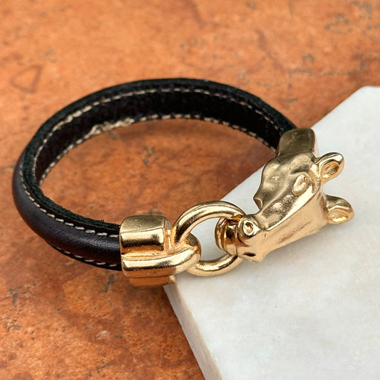 Yellow Gold-Plated Horse Head and Bit Black Leather Bracelet 8''