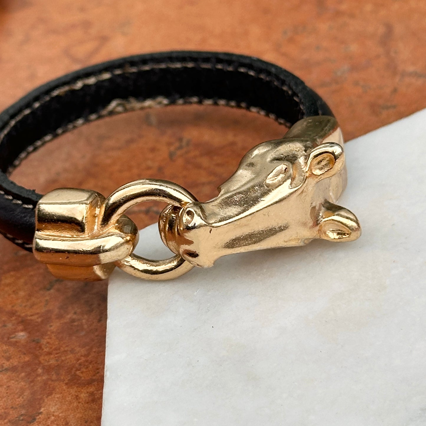 Yellow Gold-Plated Horse Head and Bit Black Leather Bracelet 8''