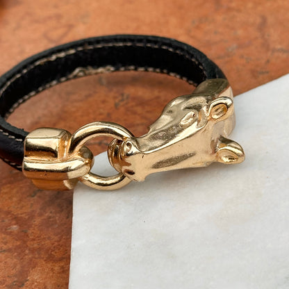 Yellow Gold-Plated Horse Head and Bit Black Leather Bracelet 8''
