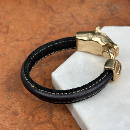 Yellow Gold-Plated Horse Head and Bit Black Leather Bracelet 8''