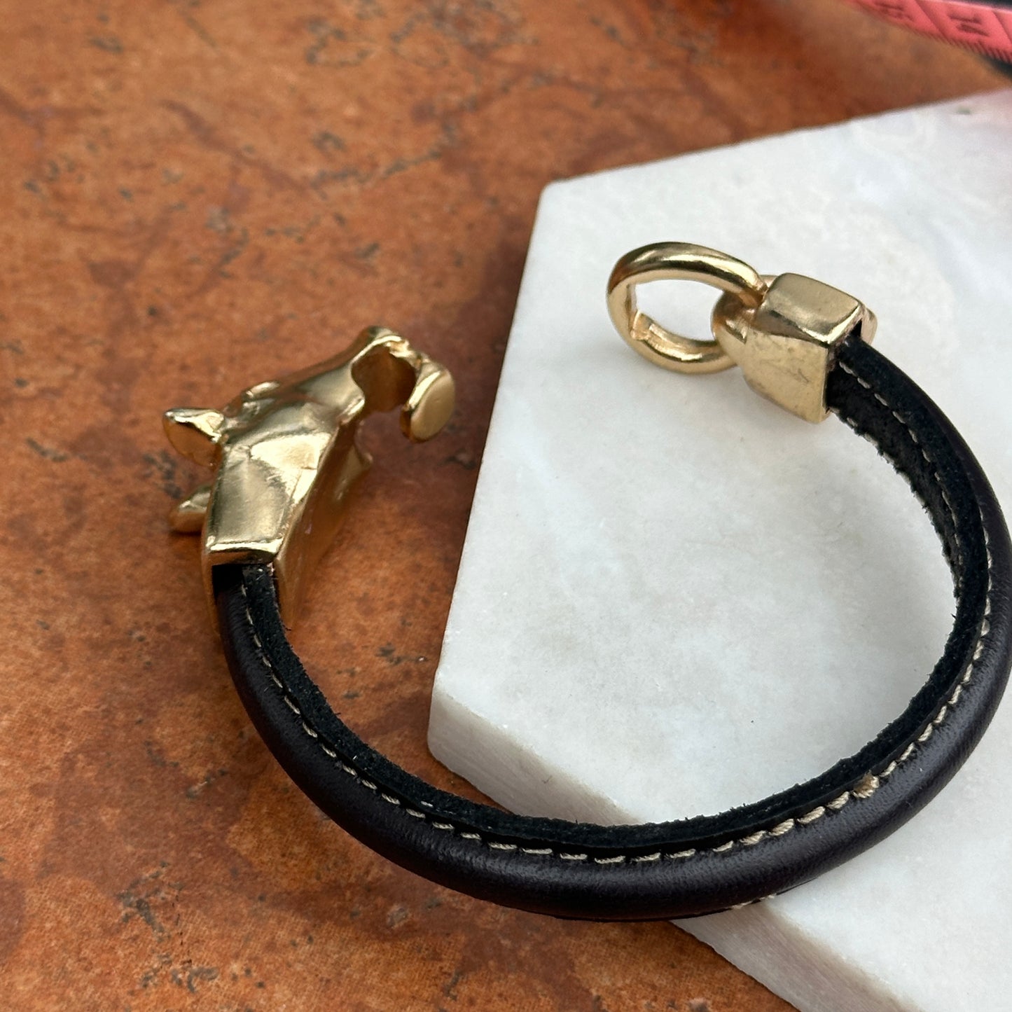 Yellow Gold-Plated Horse Head and Bit Black Leather Bracelet 8''